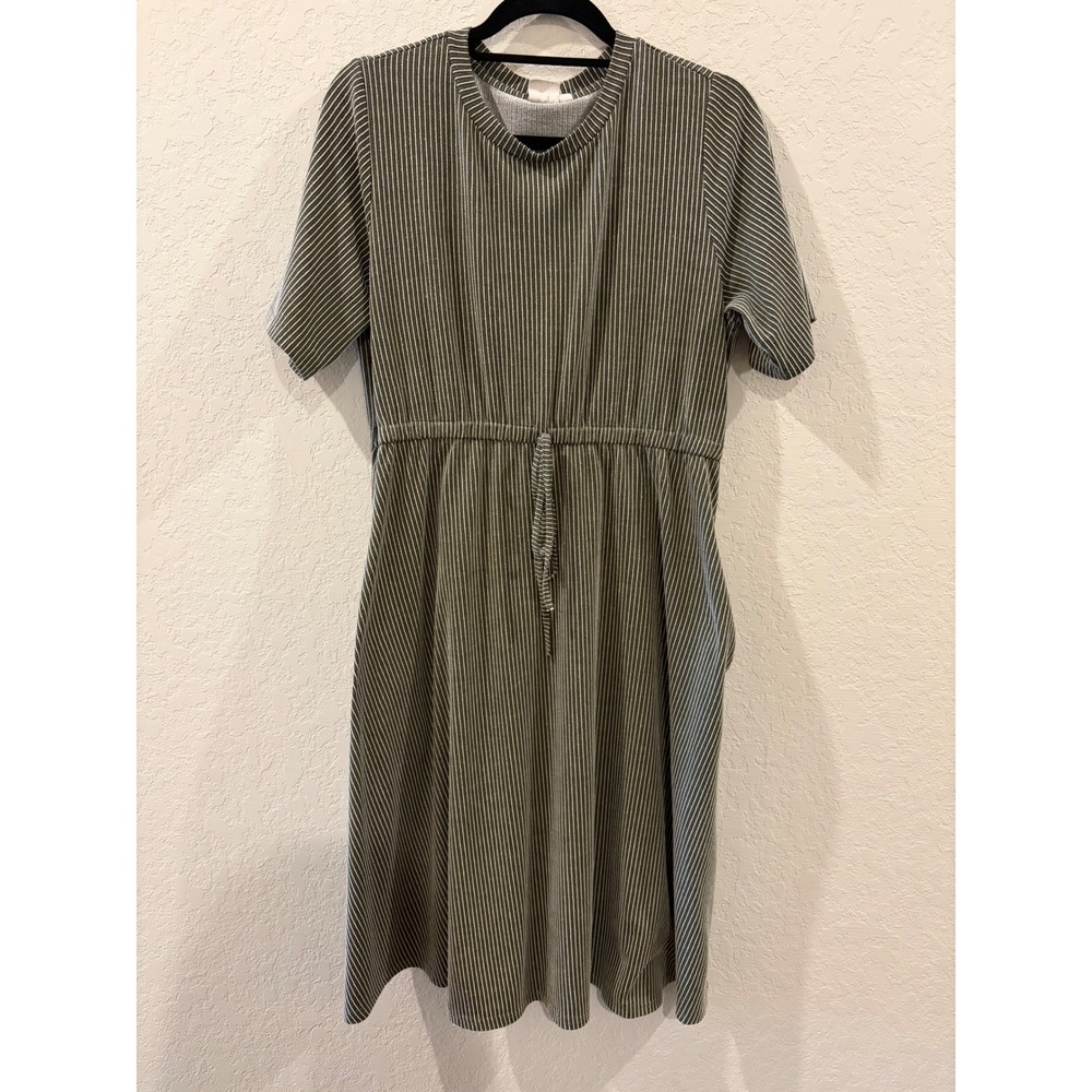 Emberley Olive Green Striped Midi Dress Short Sleeve Drawstring Waist Pockets L